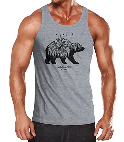 Neverless Herren Tank-Top Abenteuer Bär Berge Wald Bear Mountains Adventure Muskelshirt Muscle Shirt grau S von Neverless