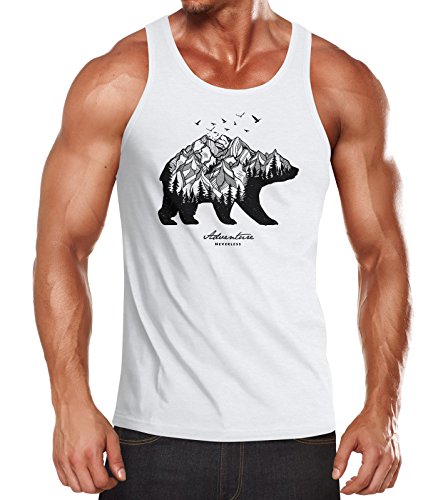 Neverless Herren Tank-Top Abenteuer Bär Berge Wald Bear Mountains Adventure Muskelshirt Muscle Shirt weiß XXL von Neverless