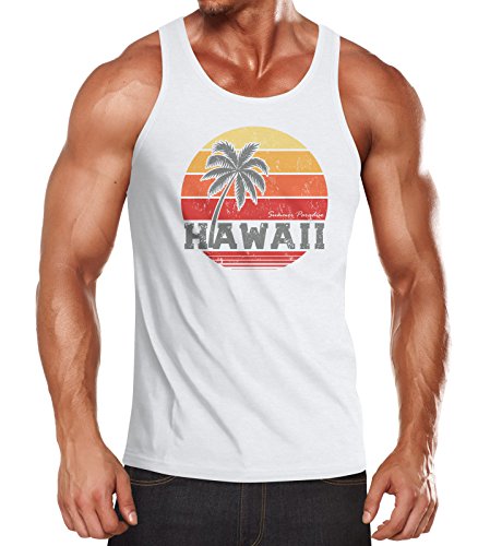 Neverless Herren Tank-Top Hawaii Palme Tropical Summer Retro Slim Fit Baumwolle Muskelshirt Muscle Shirt weiß L von Neverless