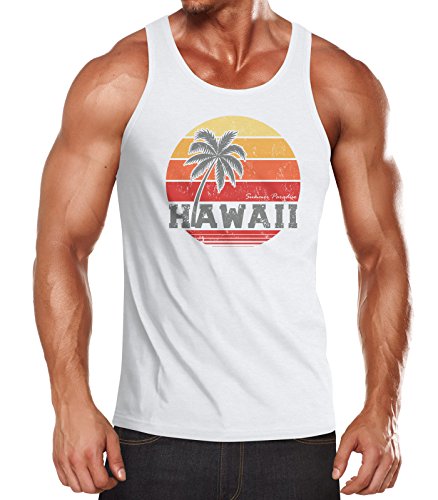 Neverless Herren Tank-Top Hawaii Palme Tropical Summer Retro Slim Fit Baumwolle Muskelshirt Muscle Shirt weiß XXL von Neverless