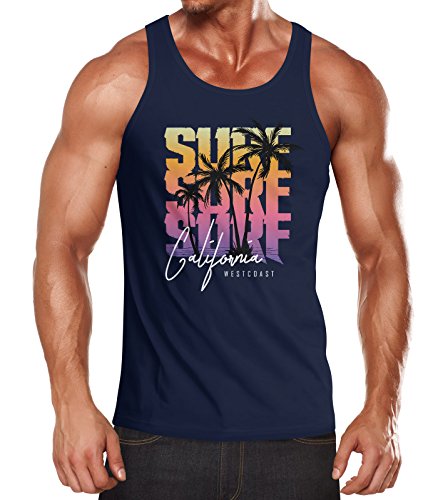 Neverless Herren Tank-Top Sommer Surf California Palmen Muskelshirt Muscle Shirt Navy-gelb S von Neverless