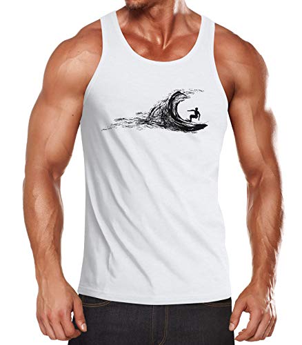 Neverless Herren Tank-Top Surf Supply Surfboard Wave Welle Wellenreiten Urlaub Meer Ozean Surfer Boy Silhouette Muskelshirt Muscle Shirt weiß XXL von Neverless