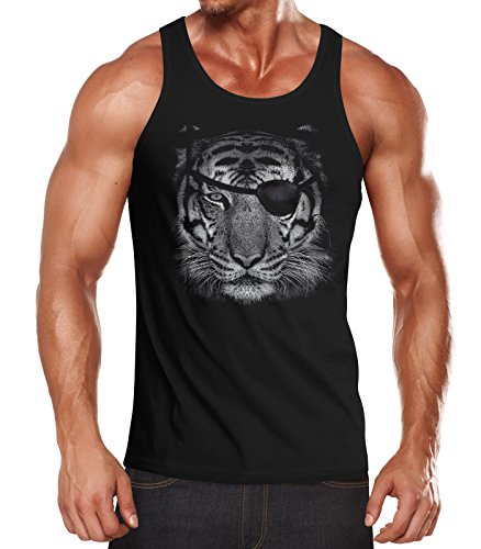 Neverless Herren Tank-Top Tiger Eye Patch Tigerkopf Muskelshirt Muscle Shirt Achselshirt schwarz L von Neverless