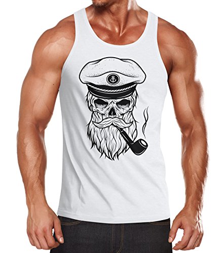 Neverless Herren Tanktop Totenkopf Kapitän Captain Skull Bard Hipster Original Spirit Seemann Muskelshirt weiß L von Neverless