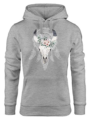 Neverless Hoodie Damen Boho Skull Totenkopf Schädel Traumfänger Dreamcatcher Bohamien Kapuzen-Pullover grau XL von Neverless