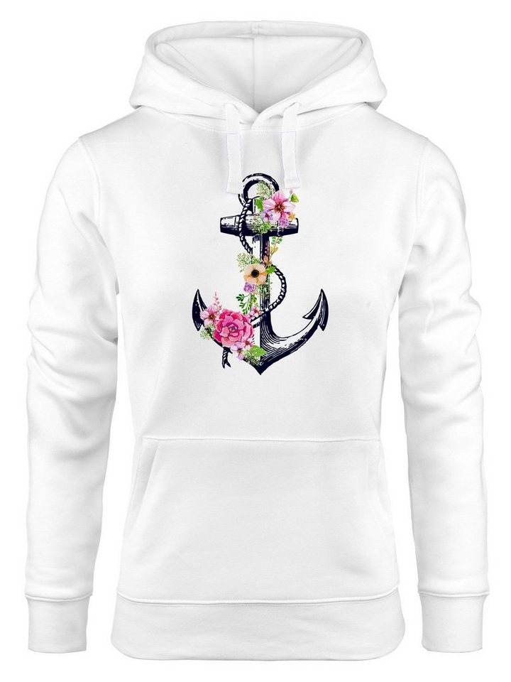 Neverless Hoodie Damen Hoodie Anker Blumen Flower Anchor Watercolor Kapuzen-Pullover Kapuzenpullover Kapuzenpulli Neverless® von Neverless