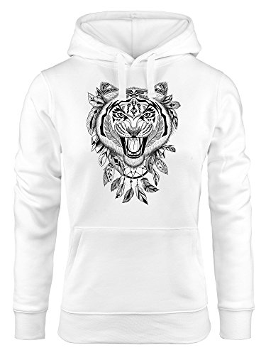 Neverless Hoodie Damen Tiger Boho Zentangle Bohamian Atzec Federn Traumfänger Kapuzen-Pullover weiß XL von Neverless