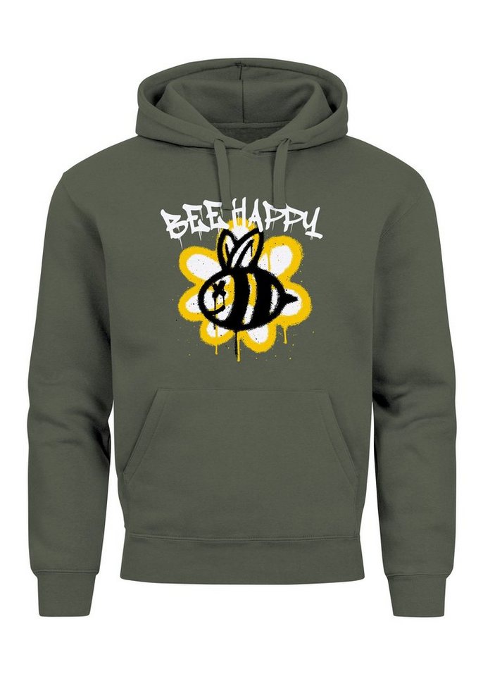 Neverless Hoodie Hoodie Herren Aufdruck Bee Happy Biene Blume Graffiti Schriftzug Fashi von Neverless