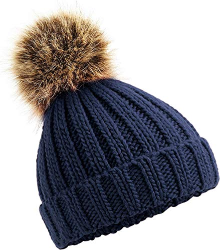 Neverless Kinder Strick-Mütze Winter Mädchen Grobstrick Kunstfell Bommelmütze Winter-mütze Navy Unisize von Neverless