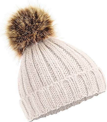 Neverless Kinder Strick-Mütze Winter Mädchen Grobstrick Kunstfell Bommelmütze Winter-mütze beige Unisize von Neverless