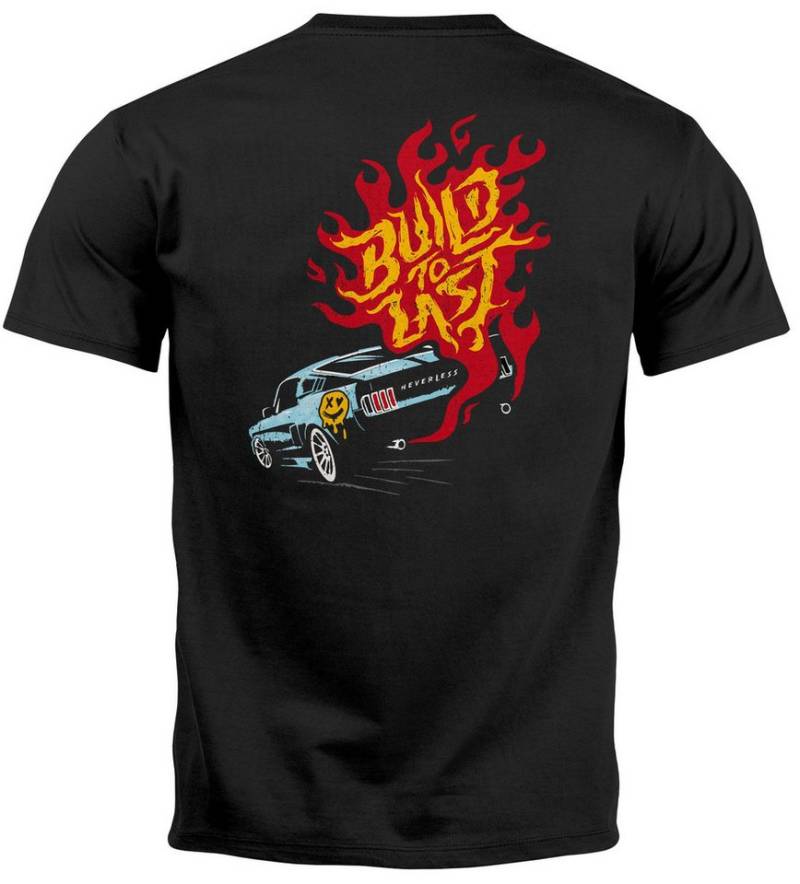 Neverless Print-Shirt Backprint T-Shirt Herren Verbrenner Auto Benzin Flammen Spruch "Build mit Print von Neverless
