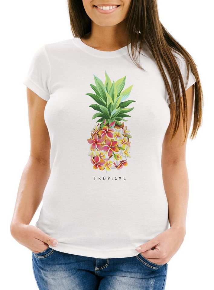 Neverless Print-Shirt Damen T-Shirt Ananas Blumen Pineapple Flowers Tropical Summer Paradise Slim Fit tailliert Baumwolle Neverless® mit Print von Neverless