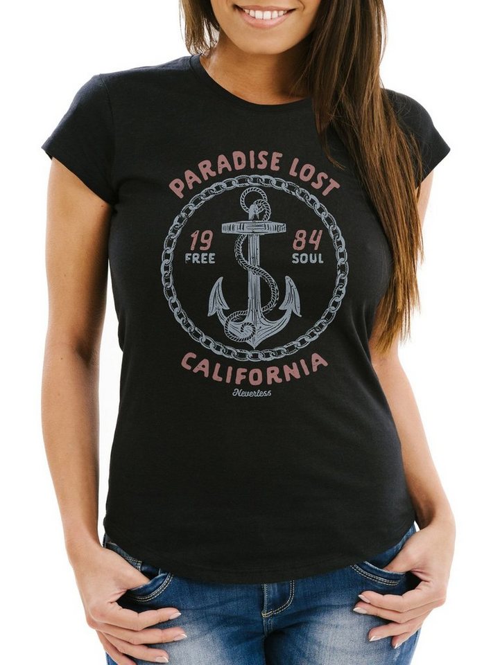 Neverless Print-Shirt Damen T-Shirt Anker Motiv maritim Schriftzug California Paradise lost Fashion Streetstyle Slim Fit Neverless® mit Print von Neverless
