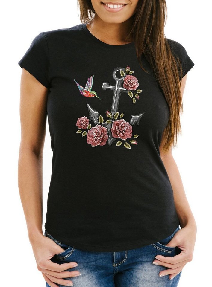 Neverless Print-Shirt Damen T-Shirt Anker Rosen Patch Tropical Anchor Stick-Optik Slim Fit Neverless® mit Print von Neverless