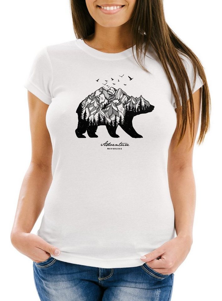 Neverless Print-Shirt Damen T-Shirt Bär Berge Wald Abenteuer Bear Mountains Adventure Slim Fit Neverless® mit Print von Neverless