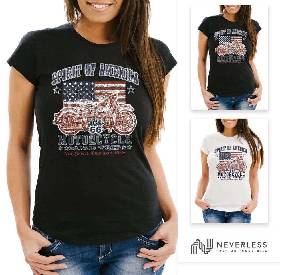 Neverless Print-Shirt Damen T-Shirt Biker Shirt Amerika Flagge Motorrad Motorbike Slim Fit mit Print von Neverless