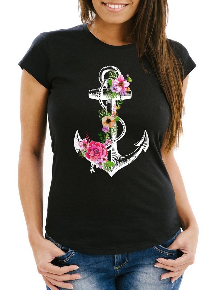 Neverless Print-Shirt Damen T-Shirt Blumen Anker Flower Anchor Watercolor Slim Fit mit Print von Neverless