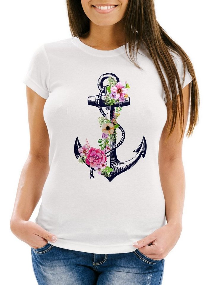 Neverless Print-Shirt Damen T-Shirt Blumen Anker Flower Anchor Watercolor Slim Fit mit Print von Neverless