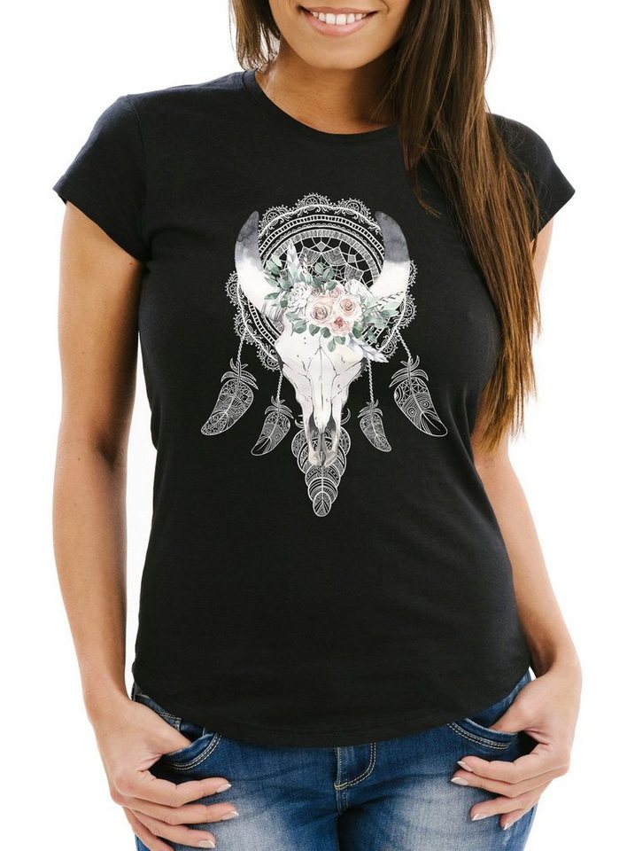 Neverless Print-Shirt Damen T-Shirt Boho Skull Totenkopf Schädel Traumfänger Dreamcatcher Bohamien Slim Fit Neverless® mit Print von Neverless
