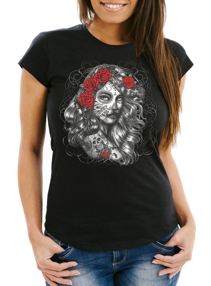 Neverless Print-Shirt Damen T-Shirt Day of Dead Rockabilly Skull Rock n Roll Slim Fit mit Print von Neverless