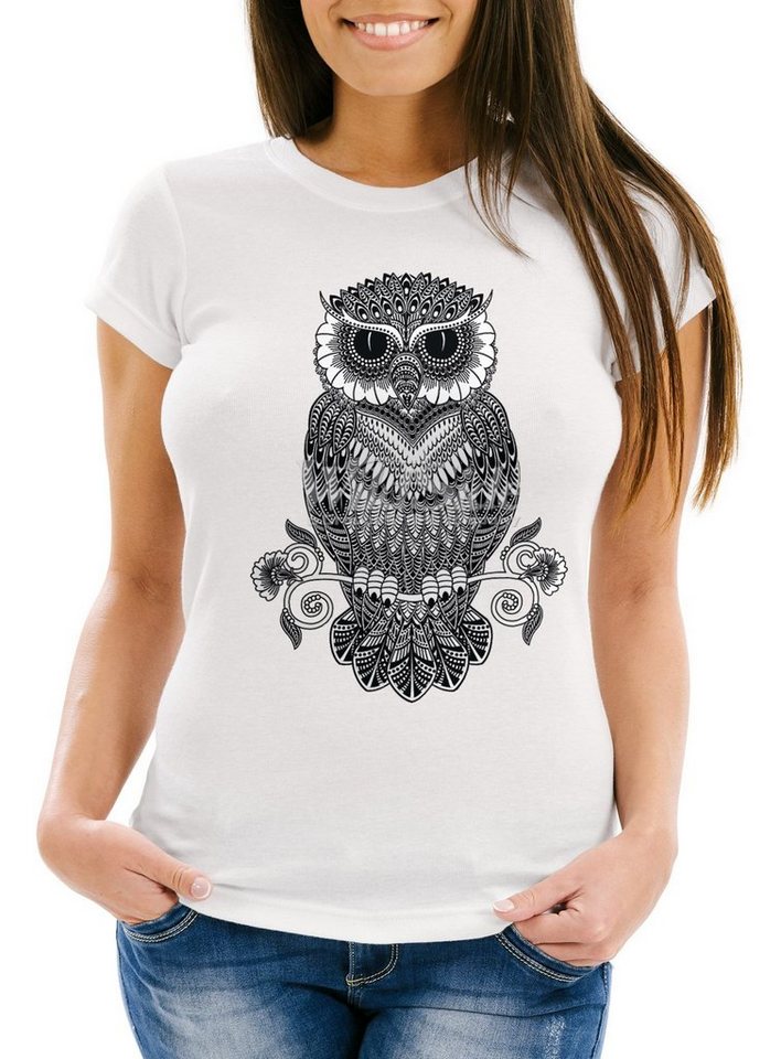 Neverless Print-Shirt Damen T-Shirt Eule Mandala Zentangle Owl SlimFit tailliert Baumwolle mit Print von Neverless