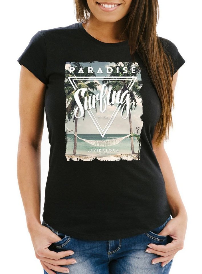 Neverless Print-Shirt Damen T-Shirt Excotic Island Paradise Summer Sommer Slim Fit mit Print von Neverless