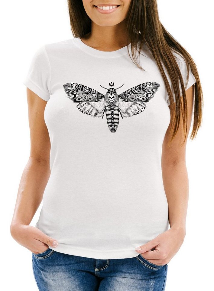 Print-Shirt Damen T-Shirt Falter Schmetterling Butterfly Totenkopf Skull Atzec Neverless® mit Print von Neverless