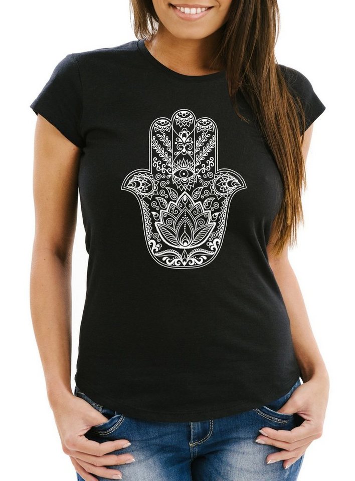Neverless Print-Shirt Damen T-Shirt Hamsa Hand der Fatima Glücksbringer Symbol Slim Fit mit Print von Neverless