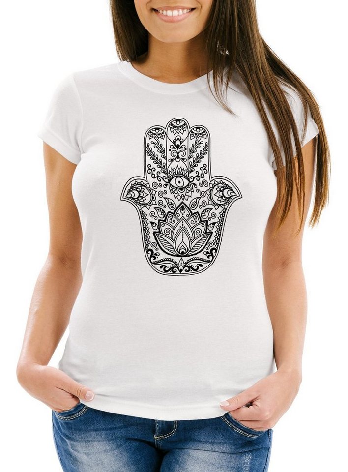 Neverless Print-Shirt Damen T-Shirt Hamsa Hand der Fatima Glücksbringer Symbol Slim Fit mit Print von Neverless