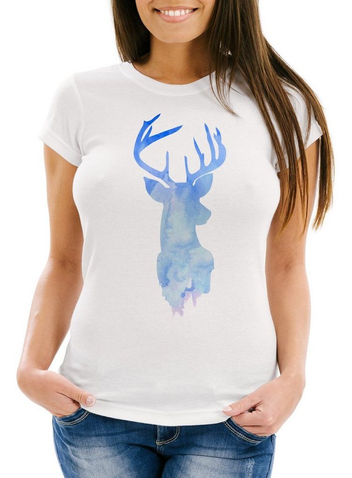 Neverless Print-Shirt Damen T-Shirt Hirsch Geweih Kopf Deer Watercolor Polygon Tier Slim mit Print von Neverless
