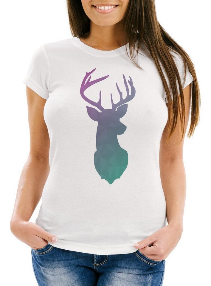 Neverless Print-Shirt Damen T-Shirt Hirsch Geweih Kopf Deer Watercolor Polygon Tier Slim mit Print von Neverless