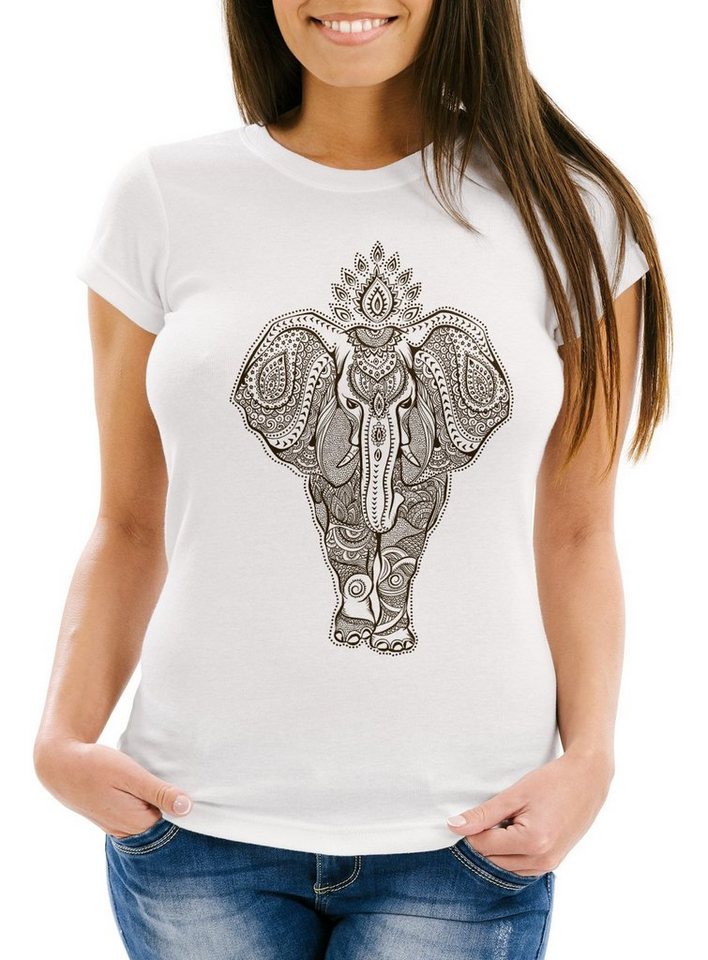 Neverless Print-Shirt Damen T-Shirt Mandala Elefant Elephant Boho Ethno Slim Fit mit Print von Neverless