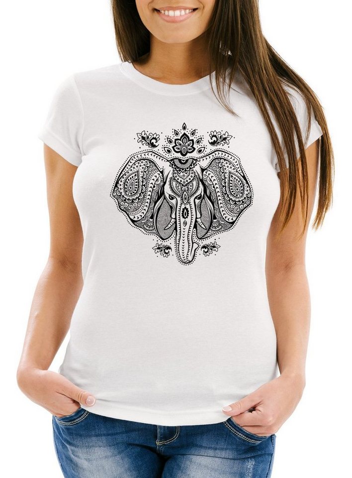 Neverless Print-Shirt Damen T-Shirt Mandala Elefant Elephant Slim Fit Boho Ethno mit Print von Neverless