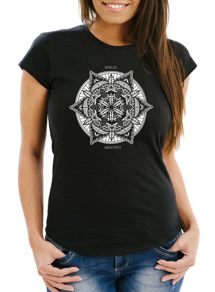 Neverless Print-Shirt Damen T-Shirt Mandala Ethno Boho Bohemian Slim Fit Shirt mit Print von Neverless