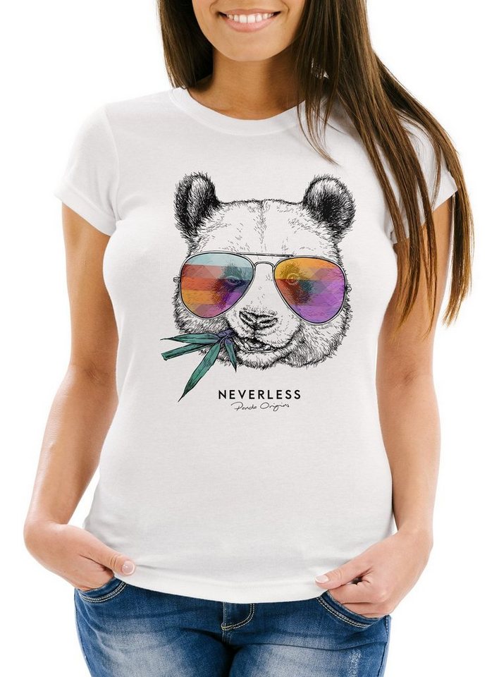 Neverless Print-Shirt Damen T-Shirt Panda Bär Aufdruck Tiermotiv mit Sonnenbrille Fashion Streetstyle Slim Fit Neverless® mit Print von Neverless