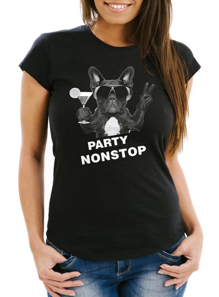 Neverless Print-Shirt Damen T-Shirt Party Nonstop Mops French Bulldog Slim Fit mit Print von Neverless