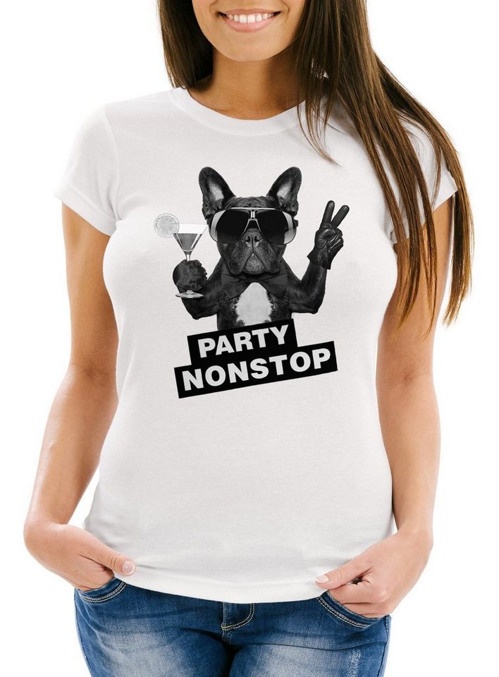 Neverless Print-Shirt Damen T-Shirt Party Nonstop Mops French Bulldog Slim Fit mit Print von Neverless