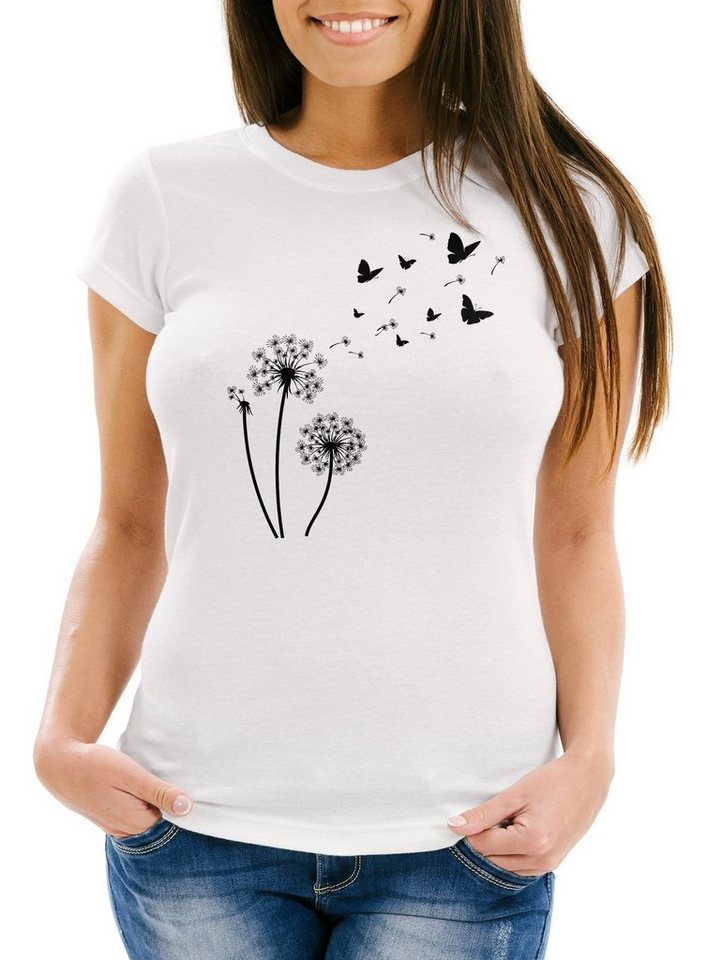 Neverless Print-Shirt Damen T-Shirt Pusteblume Schmetterlinge Dandelion Butterflys Slim Fit Neverless® mit Print von Neverless