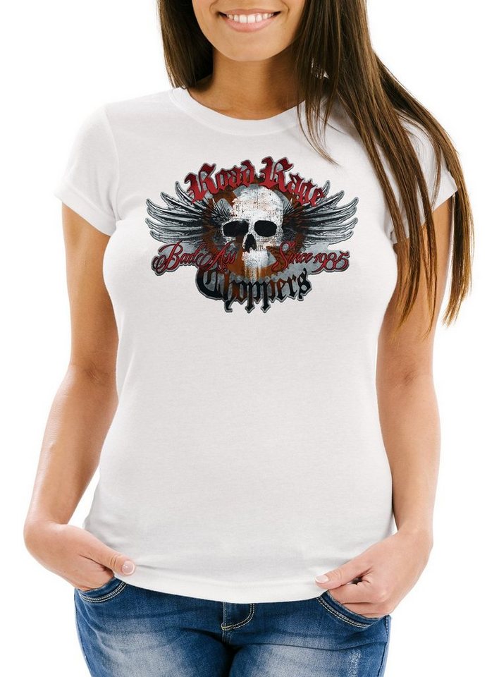 Neverless Print-Shirt Damen T-Shirt Road Rage Choppers Motorrad Biker Totenkopf Slim Fit mit Print von Neverless