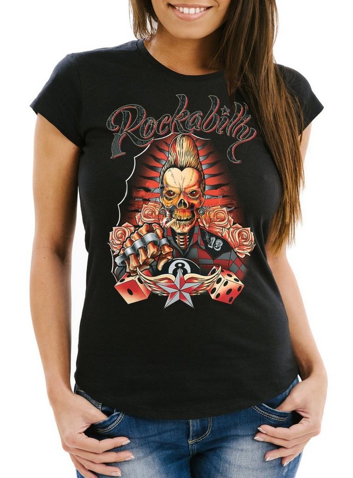 Neverless Print-Shirt Damen T-Shirt Rockabilly 8 Ball Skull Rock n Roll Würfel Slim Fit mit Print von Neverless