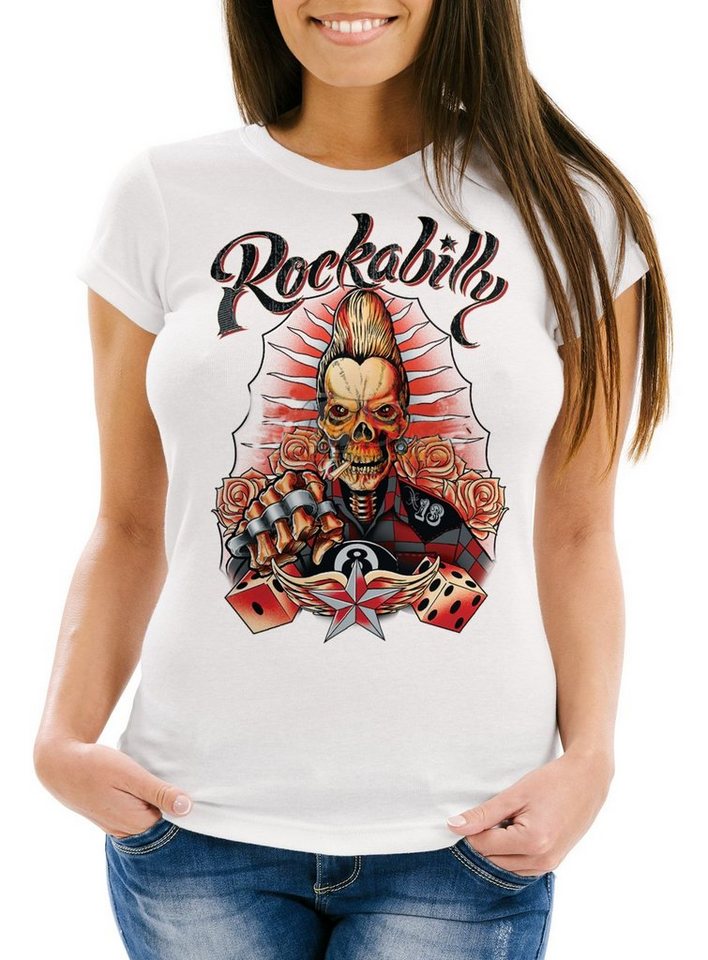 Neverless Print-Shirt Damen T-Shirt Rockabilly 8 Ball Skull Rock n Roll Würfel Slim Fit mit Print von Neverless