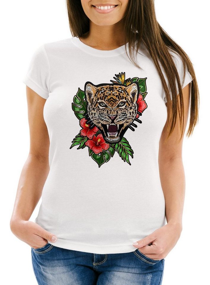 Neverless Print-Shirt Damen T-Shirt Tiger Tropical Palmblätter Sommer Stick-Patch-Optik Slim Fit Neverless® mit Print von Neverless