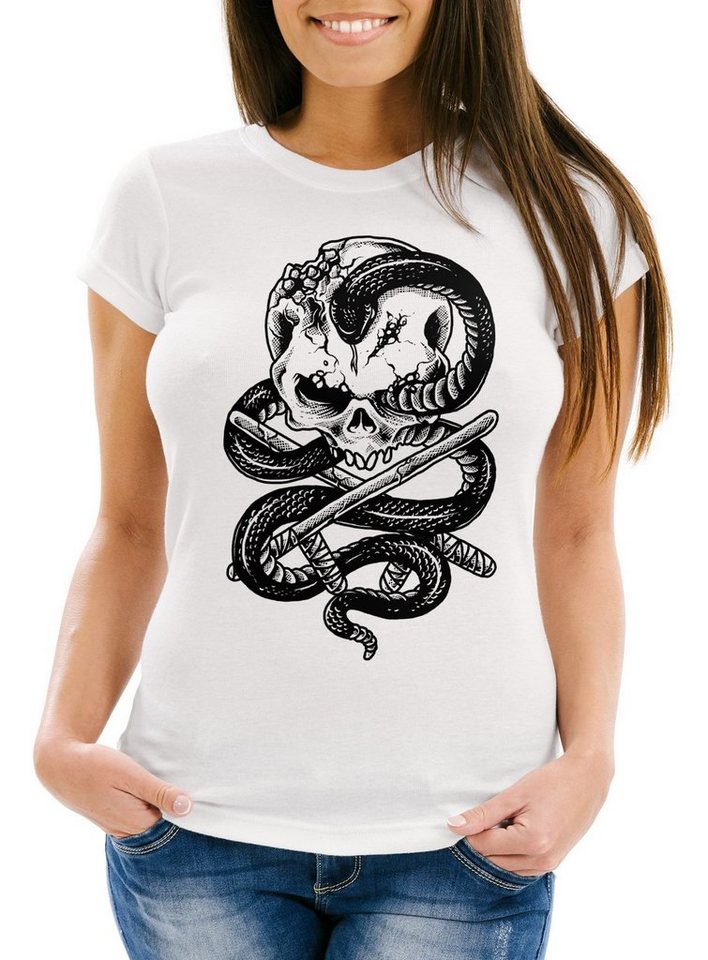 Neverless Print-Shirt Damen T-Shirt Totenkopf Schlange Skull Snake Slim Fit mit Print von Neverless