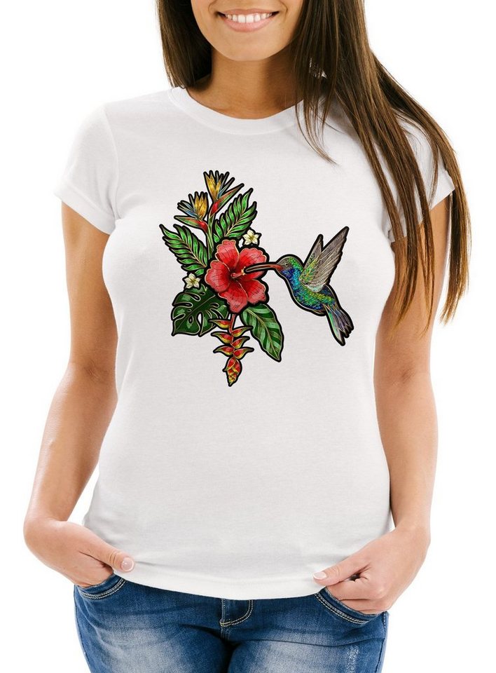 Neverless Print-Shirt Damen T-Shirt Tropical Kolibri Vogel Palmblätter Sommer Stick-Patch-Optik Hummingbird Slim Fit tailliert Baumwolle Neverless® mit Print von Neverless