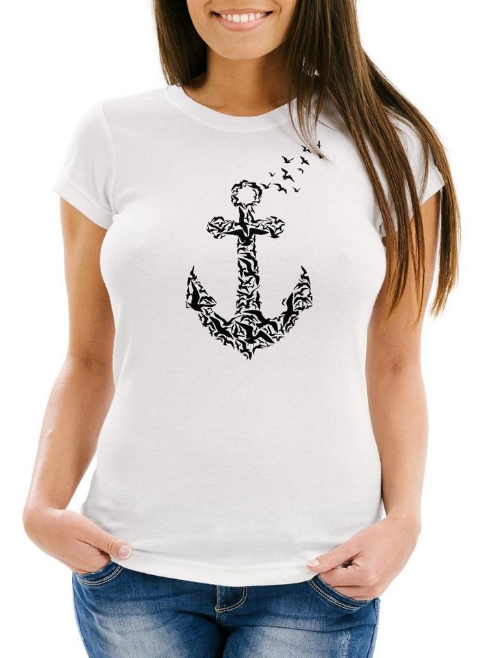 Neverless Print-Shirt Damen T-Shirt Vogel Anker Anchor Birds Slim Fit Neverless® mit Print von Neverless