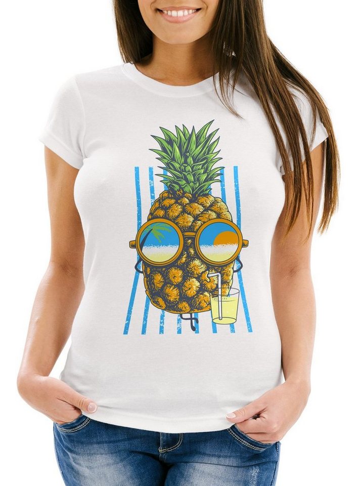 Neverless Print-Shirt Damen T-Shirt chilling Ananas Pinapple Sommer Beach Cocktail mit Print von Neverless