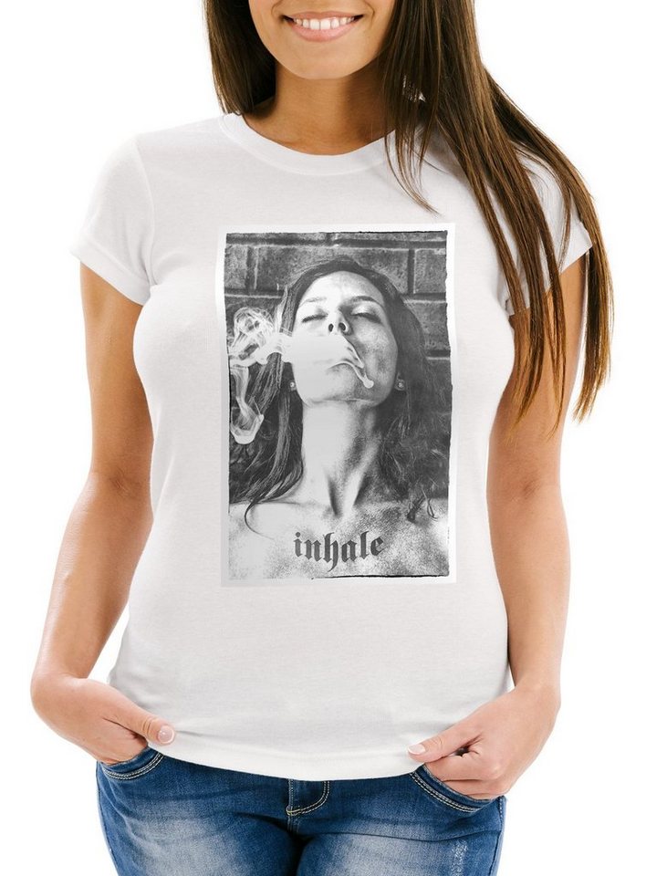 Neverless Print-Shirt Damen T-Shirt mit Frauen Print Inhale Weed Rauchen Slim Fit mit Print von Neverless