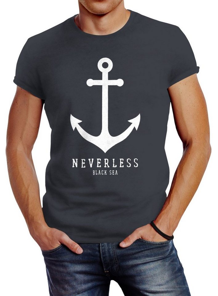 Neverless Print-Shirt Herren T-Shirt Anker Nautical Sailor Segeln Slim Fit mit Print von Neverless