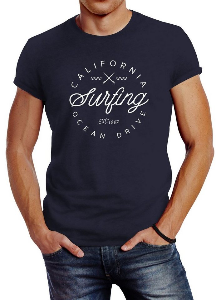 Neverless Print-Shirt Herren T-Shirt California Surfing Ocean Drive Summer Slim Fit mit Print von Neverless