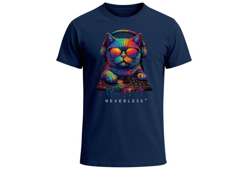 Neverless Print-Shirt Herren T-Shirt DJ Katze Musik Print Festival EDM Shirt mit mit Print von Neverless